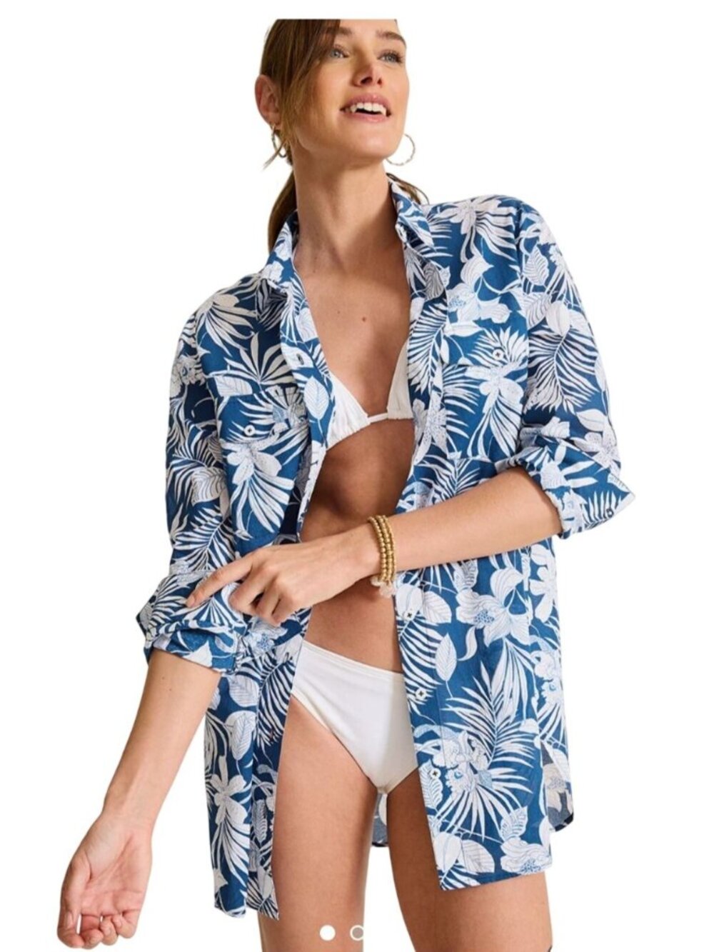 Tommy Bahama Island Blooms Boyfriend Beach Shirt Medium Tropical Blue White